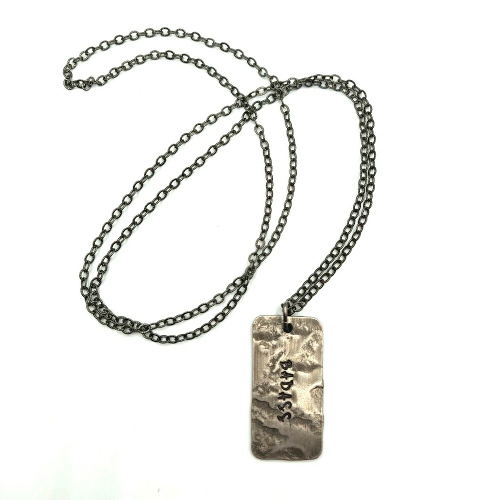 BADASS Gunmetal Hammered Dog Tag Necklace Long